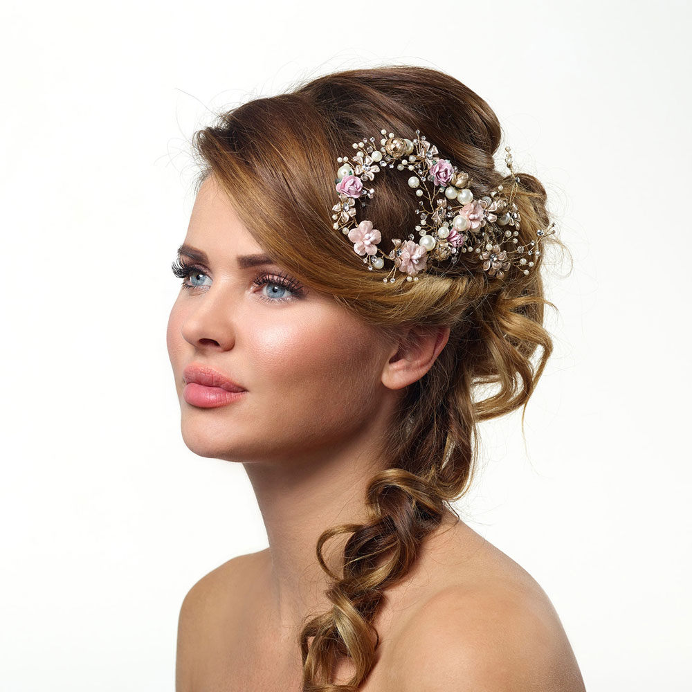 Pink Floral Gold Bridal Hair Comb - BB-312