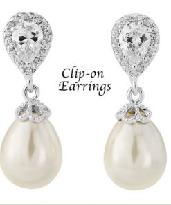 Clip On Pearl & Crystal Drop Bridal Earrings